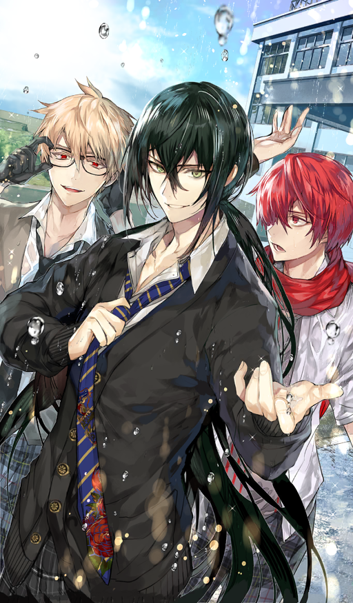 3boys, adjusting_clothes, adjusting_eyewear, adjusting_necktie, architecture, bishounen, black-framed_eyewear, black_gloves, black_hair, black_necktie, black_sweater, blonde_hair, blue_necktie, blue_sky, brown_vest, buttons, collarbone, commentary, cowboy_shot, diagonal-striped_clothes, diagonal-striped_necktie, dutch_angle, fate/grand_order, fate_(series), fuuma_kotarou_(fate), fuuma_kotarou_(you_after_the_rain)_(fate), gloves, green_eyes, grey_shirt, hair_between_eyes, hair_over_one_eye, henry_jekyll_(fate), henry_jekyll_(you_after_the_rain)_(fate), hyde_(fate), jacket, jekyll_and_hyde_(fate), light_particles, long_hair, looking_at_viewer, low_ponytail, male_focus, multiple_boys, necktie, offering_hand, official_art, open_clothes, open_mouth, open_shirt, outdoors, pants, parted_lips, partially_unbuttoned, pectoral_cleavage, pectorals, plaid_clothes, plaid_pants, ponytail, rain, red_eyes, red_hair, red_scarf, scarf, school, shirt, short_hair, sidelocks, sky, smile, sparkle, striped_clothes, sunlight, sweater, tcb, teeth, third-party_source, unbuttoned, unbuttoned_shirt, very_long_hair, vest, water_drop, wet, wet_clothes, white_jacket, white_shirt, yan_qing_(fate), yan_qing_(you_after_the_rain)_(fate)