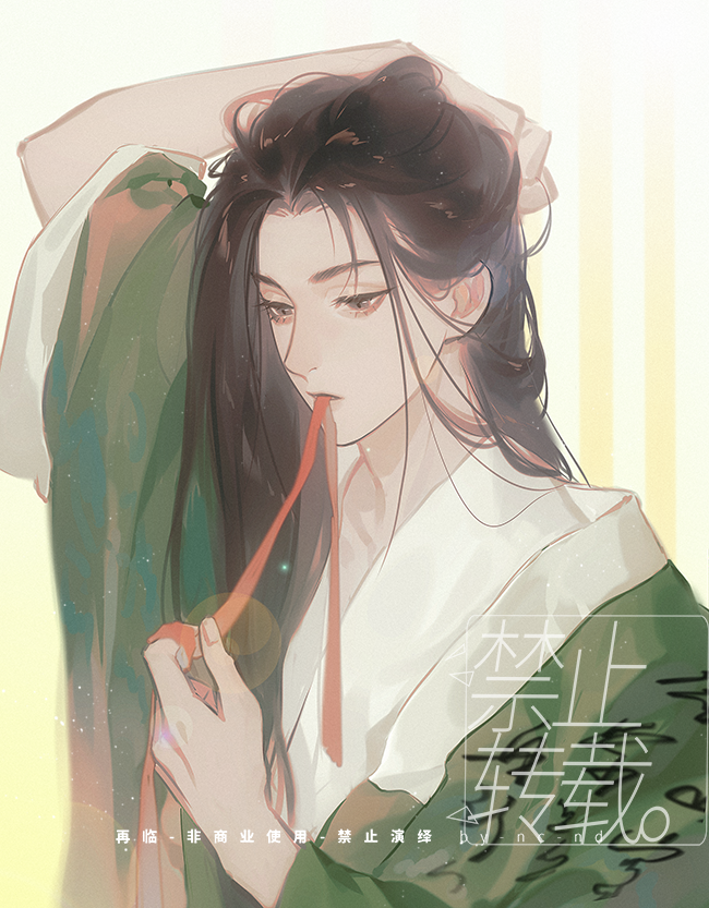 1boy, adjusting_hair, arm_up, artist_name, black_hair, brown_eyes, chinese_clothes, chinese_text