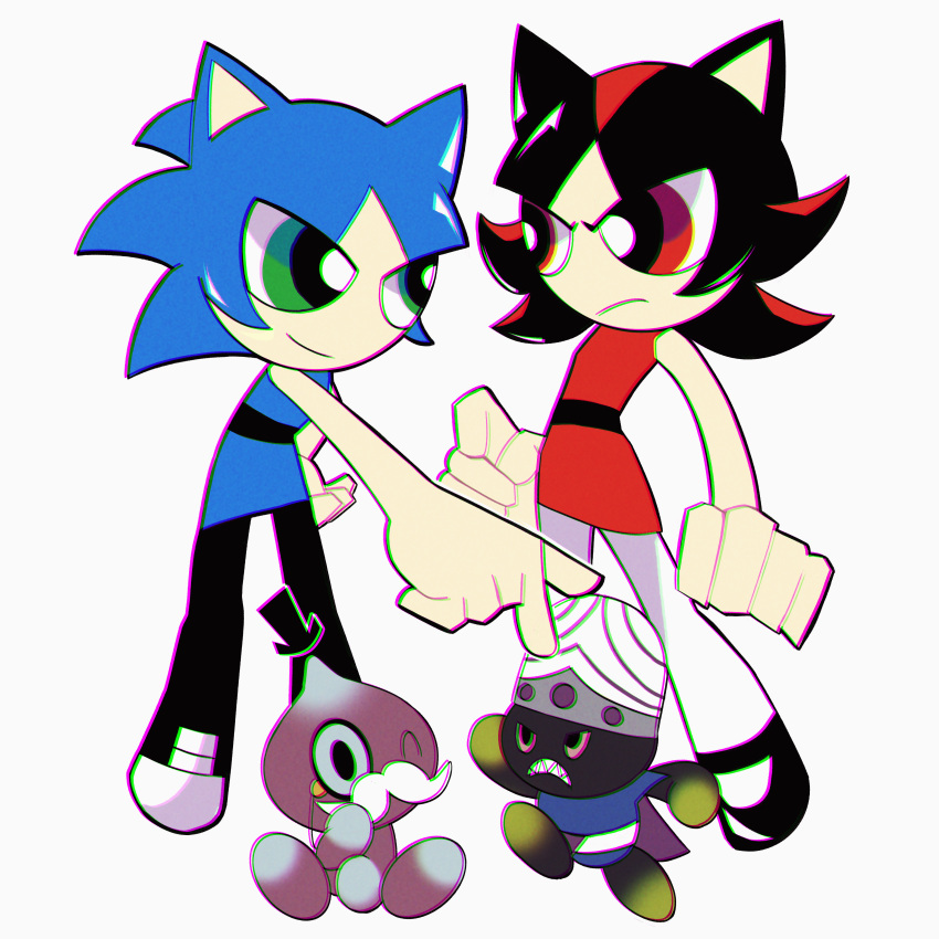 absurdres, bare_arms, black_hair, blue_hair, chao_(sonic), crossover, facial_hair, full_body
