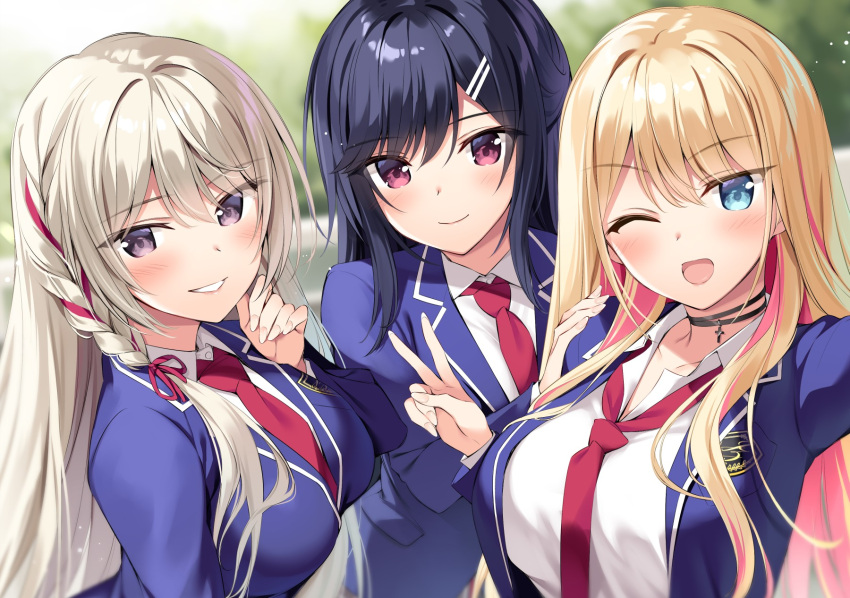 3girls, akebi_saki, amaemi-longing_for_you-, black_choker, blazer, blonde_hair, blue_eyes, blue_hair