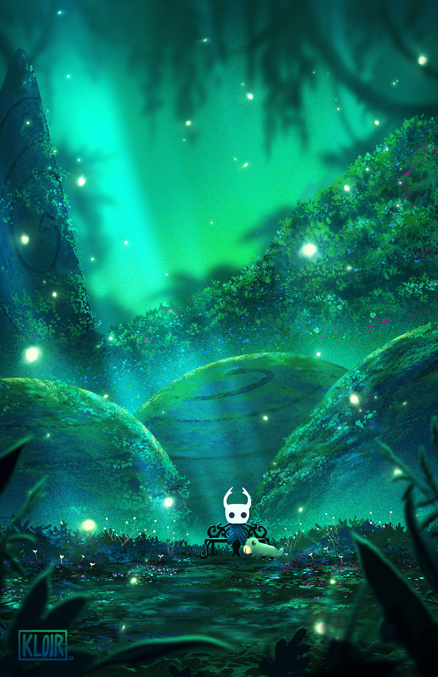 1boy, animal, bush, commentary, english_commentary, grass, grub_(hollow_knight), highres