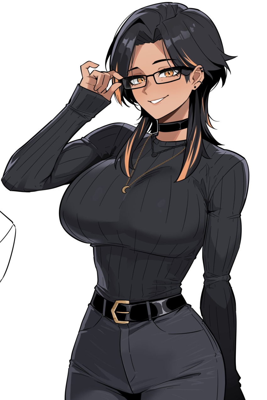 belt, black_choker, black_hair, black_sweater, breasts, choker, cowboy_shot, dark-skinned_female