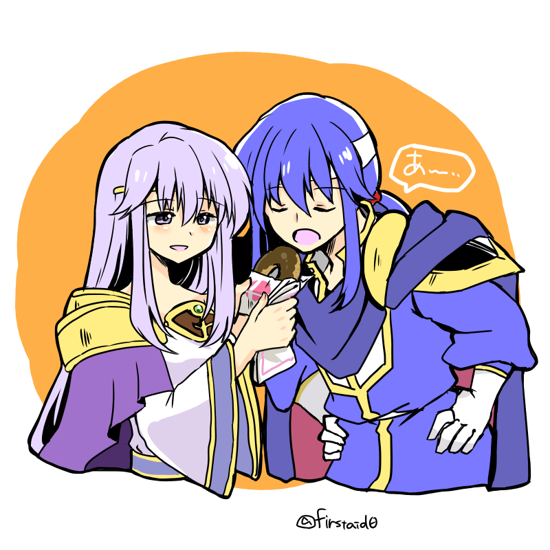 1boy, 1girl, blue_hair, brother_and_sister, chocolate_donut, circlet, closed_eyes, doughnut