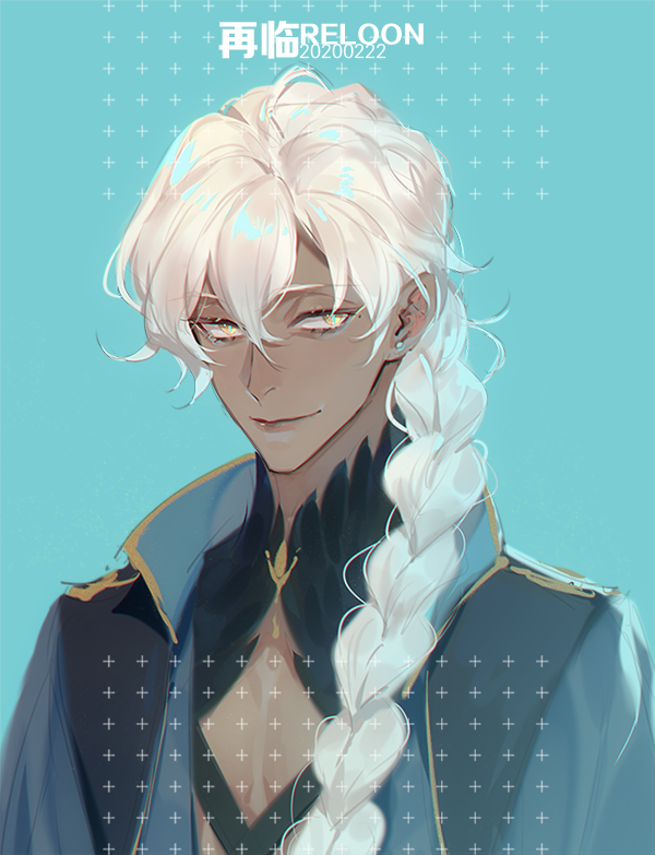 1boy, artist_name, bishounen, blue_background, braid, clothing_cutout, dark-skinned_male, dark_skin, earrings, hair_between_eyes, jewelry, long_hair, looking_at_viewer, male_focus, original, reloon, simple_background, single_braid, smile, solo, sparkle, upper_body, watermark, white_hair, yellow_eyes