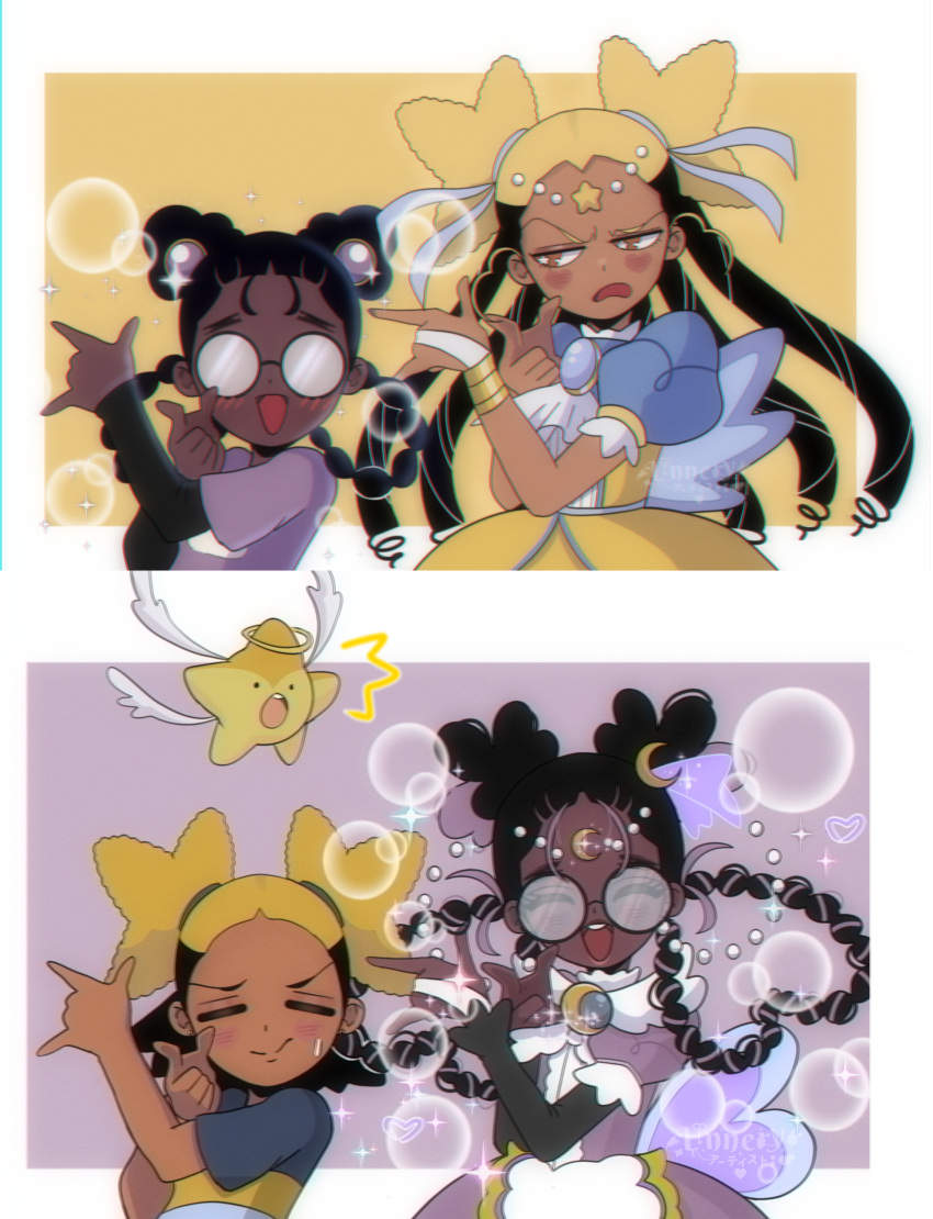 2girls, \m/, absurdres, afro_puffs, aika_(kiana_mai), alternate_costume, black_hair, blonde_hair