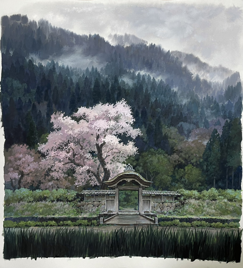 architecture, clouds, cloudy_sky, day, east_asian_architecture, fog, forest, fukui_prefecture, gate, grass, highres, mountain, nature, nishikawa_youichi, no_humans, original, outdoors, overcast, scenery, sky, tree