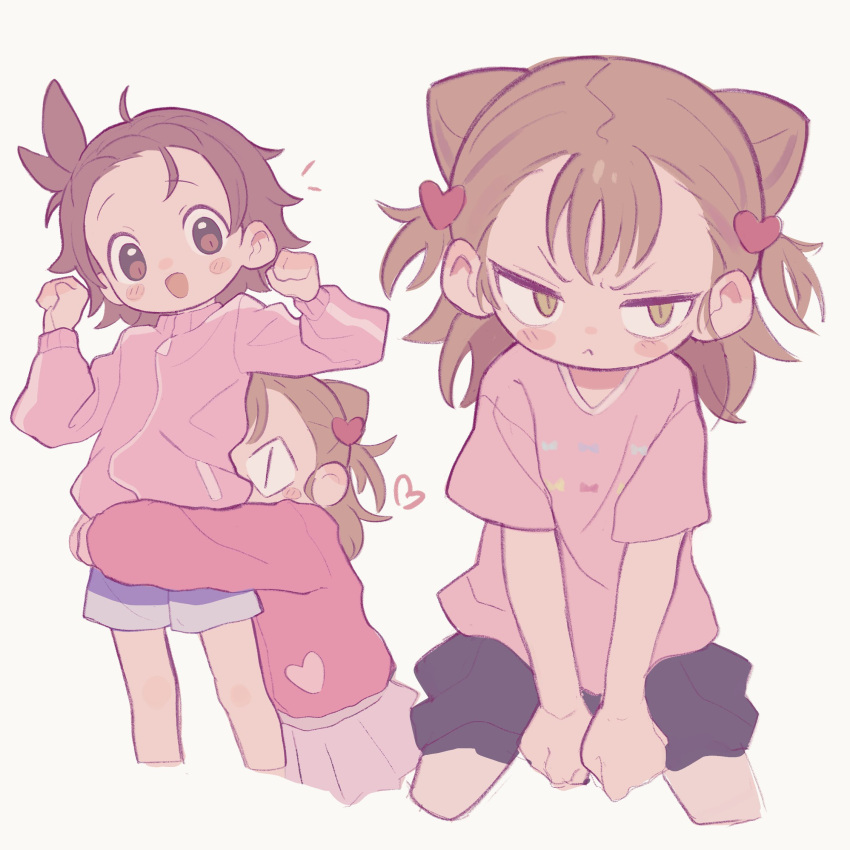 2girls, :<, :d, angry, blue_shorts, blush_stickers, brown_eyes, brown_hair