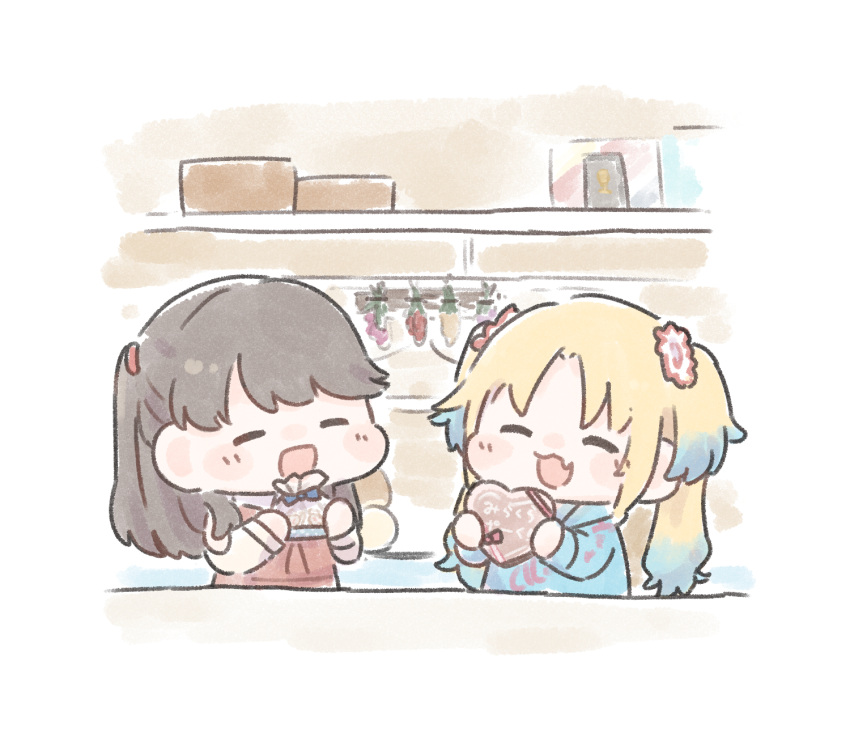 2girls, :d, ^_^, ao_kaeru, blonde_hair, blue_hair, blue_hoodie, box