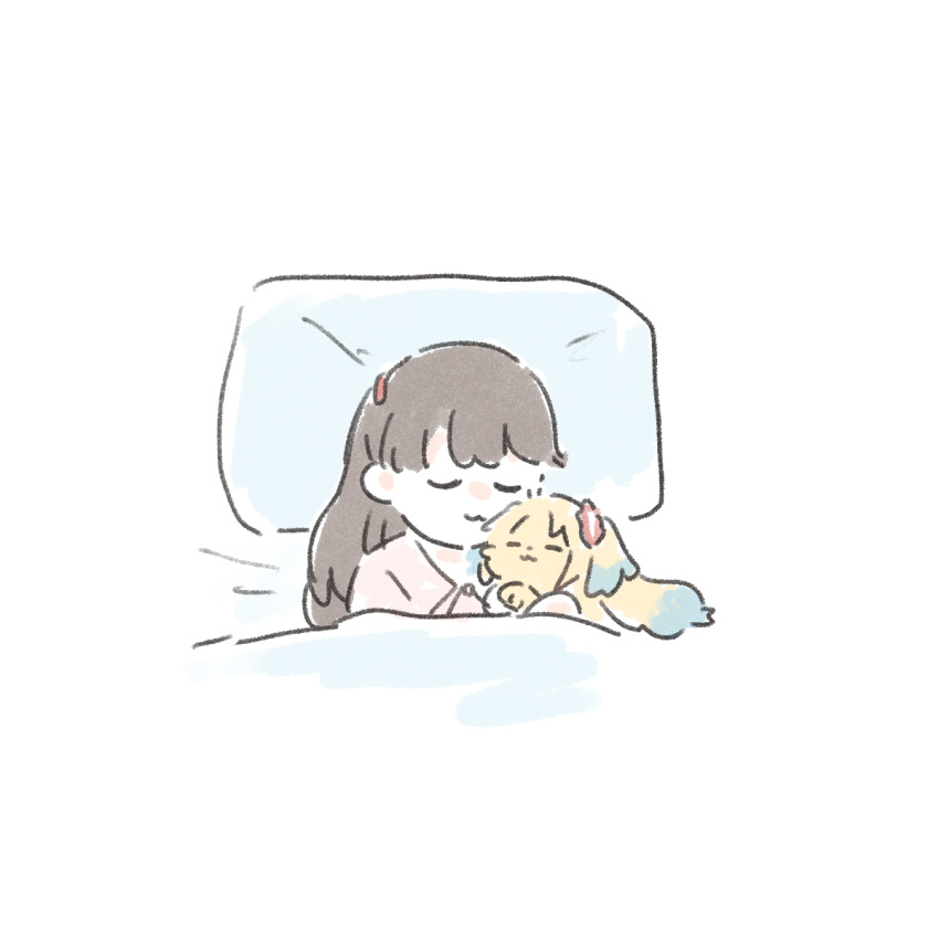 1girl, :3, animal, animal_hug, animalization, ao_kaeru, brown_hair, closed_eyes