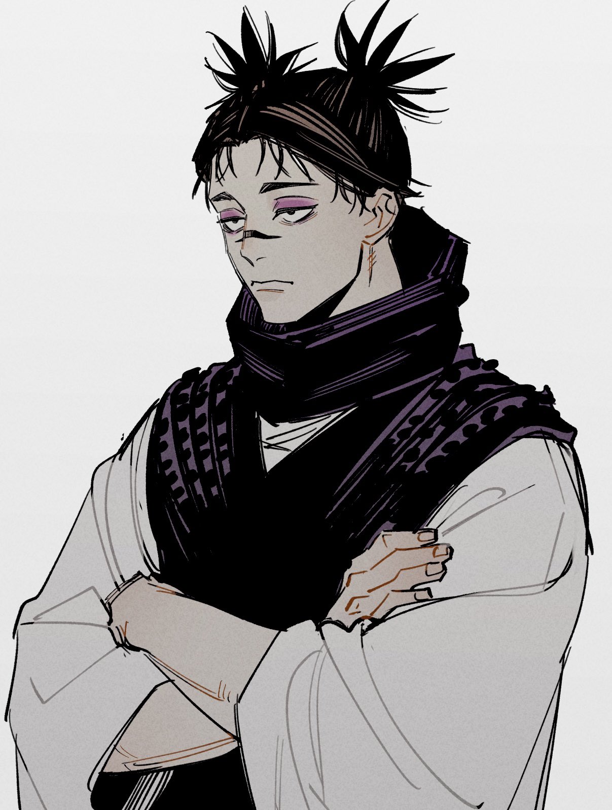 1boy, black_hair, black_scarf, black_vest, choso_(jujutsu_kaisen), closed_mouth, commentary_request, crossed_arms, facial_mark, fingernails, highres, jujutsu_kaisen, looking_ahead, male_focus, oimo_(oimkimn), robe, rown, scarf, simple_background, solo, twintails, upper_body, vest, white_background, white_robe
