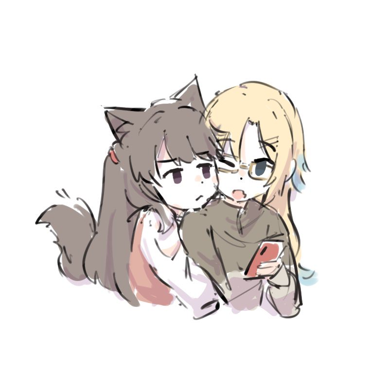 2girls, :<, ;o, animal_ears, blonde_hair, blue_eyes, blue_hair, brown_hair