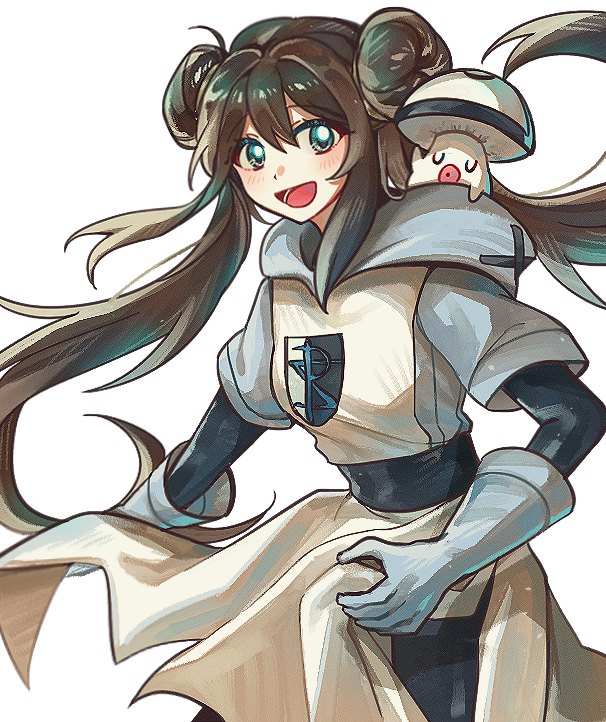 1girl, :d, brown_hair, commentary_request, double_bun, floating_hair, foongus, gloves
