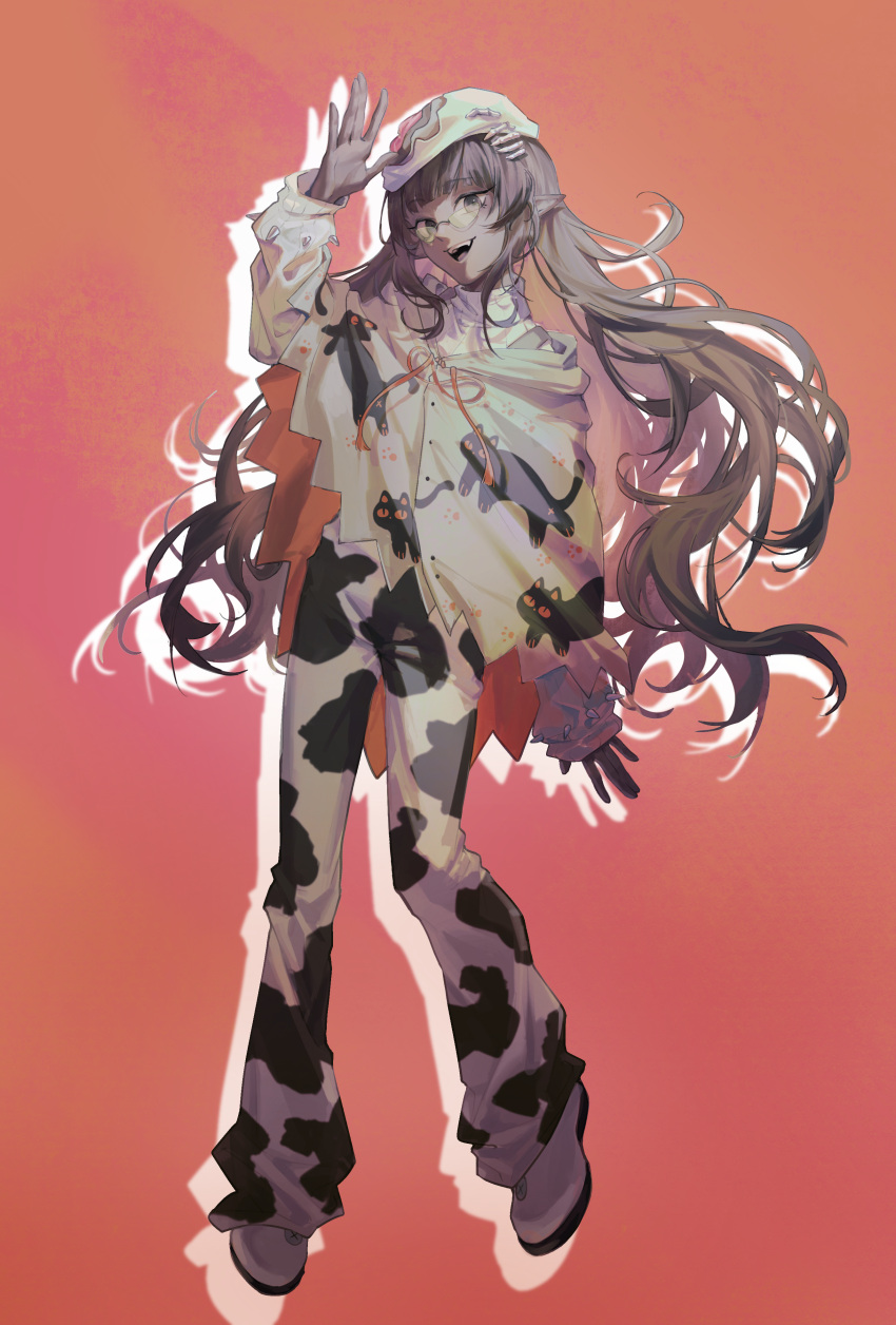 1girl, absurdres, animal_print, black_eyes, black_hair, breasts, coat, colored_skin