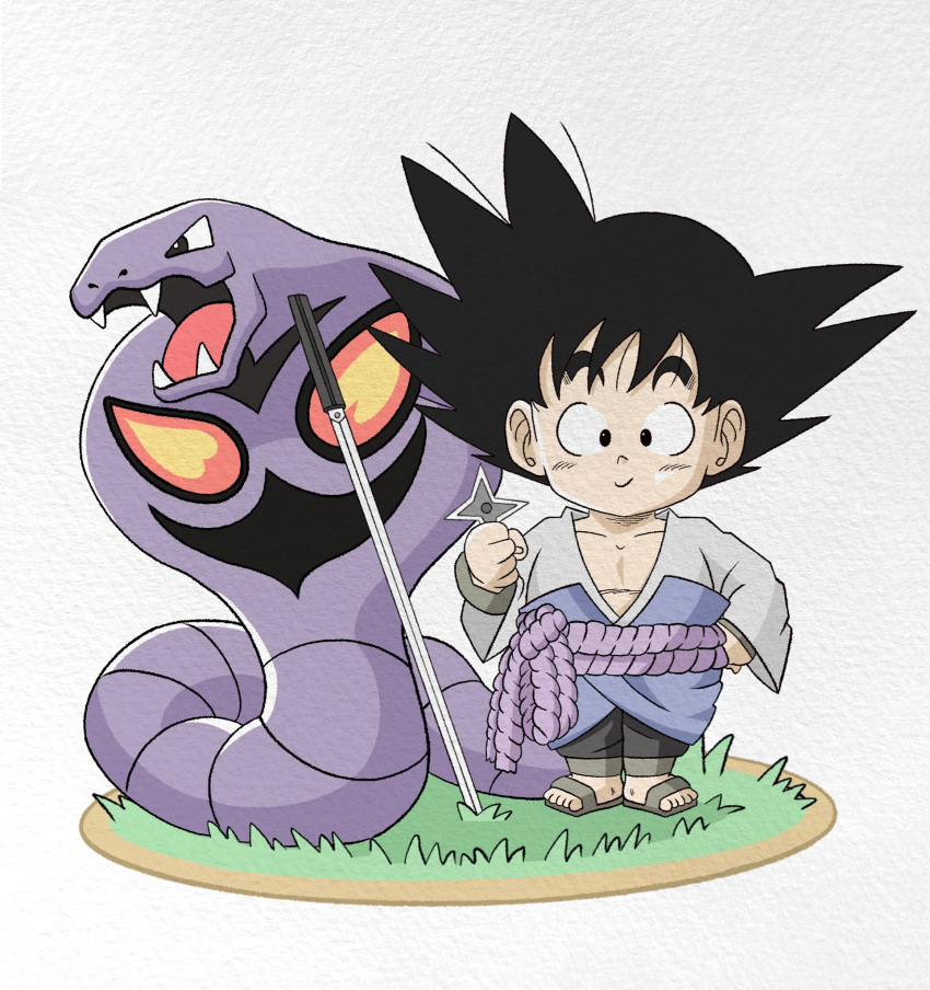 1boy, arbok, black_eyes, black_hair, black_pants, cosplay, crossover, dragon_ball