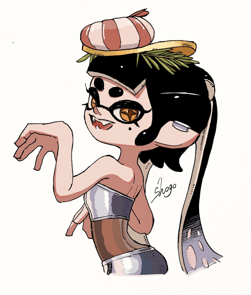 1girl, artist_name, bare_shoulders, black_hair, blunt_bangs, callie_(splatoon), callie_(summer_nights)_(splatoon), commentary_request, cross-shaped_pupils, earclip, fangs, food, food_on_head, fruit, hands_up, highres, inkling, lemon, lemon_slice, long_hair, looking_at_viewer, mole, mole_under_eye, multicolored_hair, object_on_head, official_alternate_costume, open_mouth, orange_eyes, pointy_ears, purple_hair, purple_skirt, purple_tube_top, shogo_(shogo70449442), shrimp, sidelocks, skirt, smile, solo, splatoon_(series), splatoon_3, strapless, symbol-shaped_pupils, tentacle_hair, thick_eyebrows, tube_top, twintails, white_background