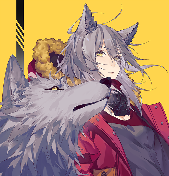 1girl, animal_ears, arknights, artist_name, breasts, closed_mouth, fur-trimmed_hood, fur_trim