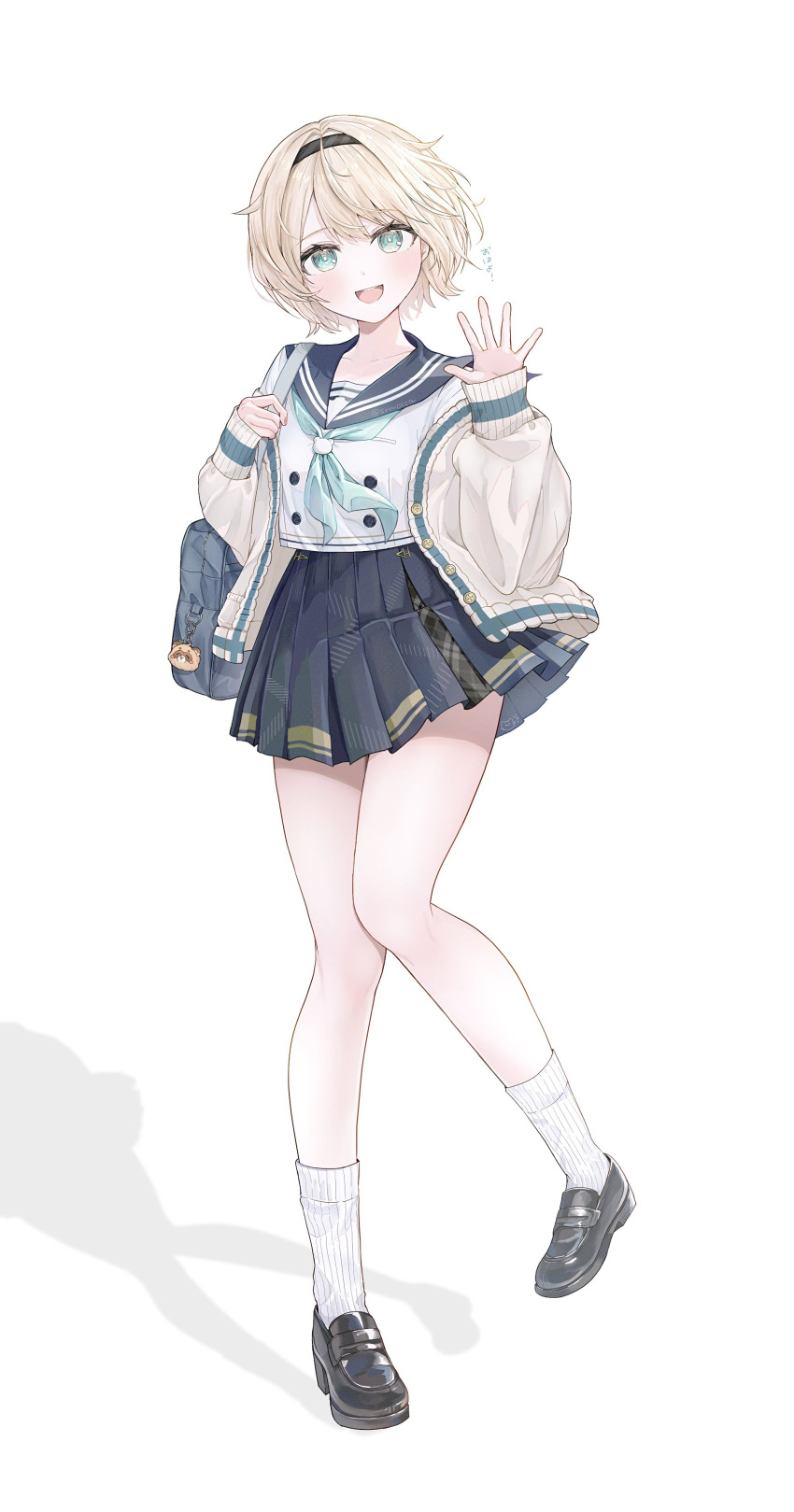 1girl, absurdres, aqua_eyes, bag, black_hairband, black_sailor_collar, black_shoes, black_skirt