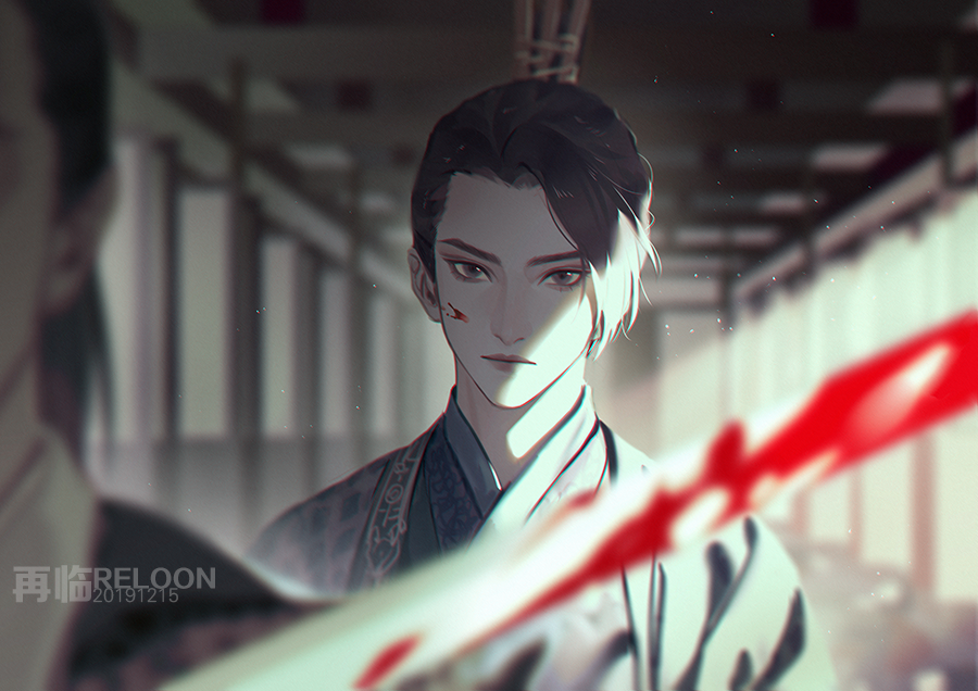 2boys, artist_name, black_eyes, black_hair, blood, blood_on_face, blood_on_weapon, blurry
