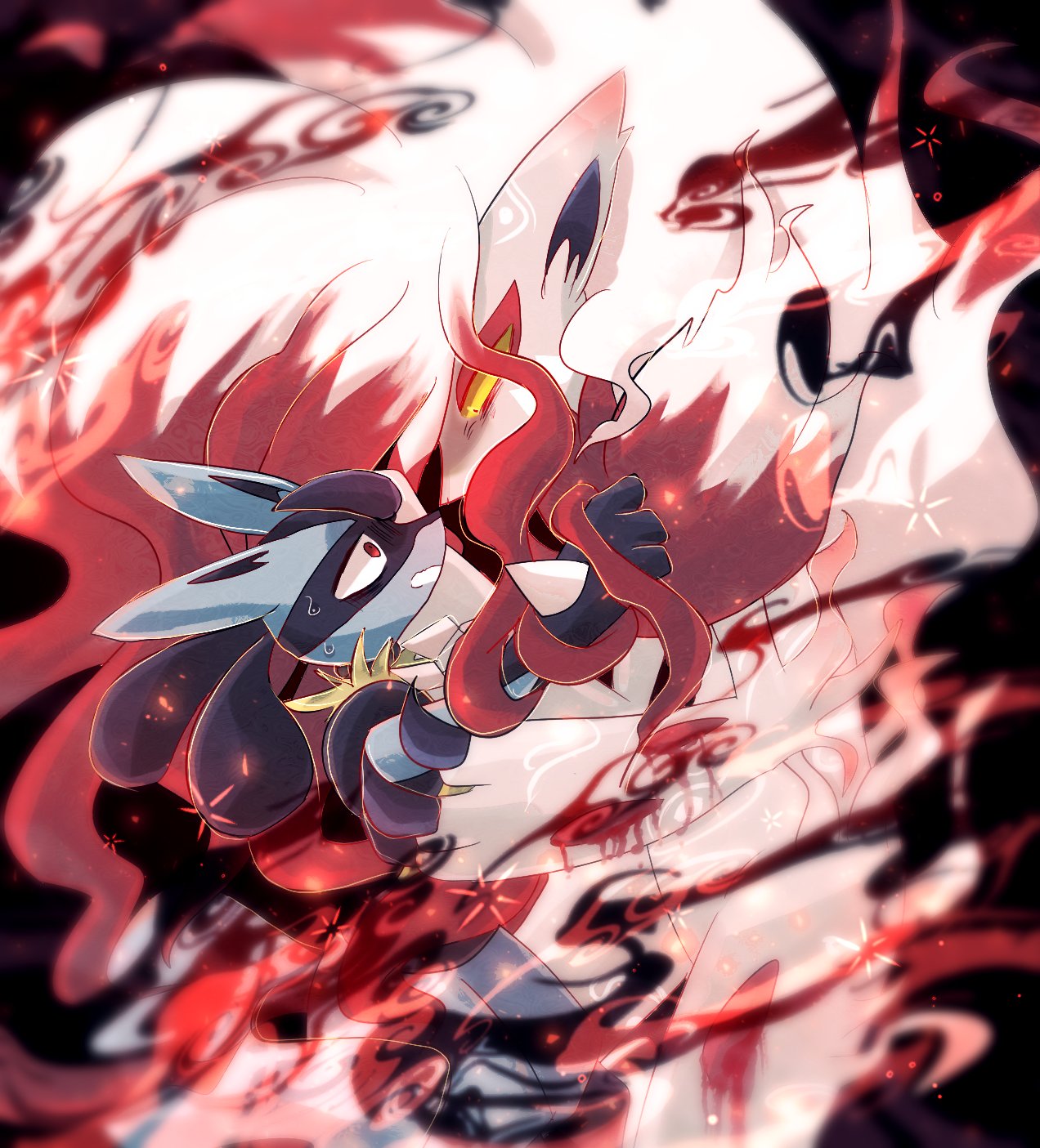 black_fur, blue_fur, colored_sclera, highres, hisuian_zoroark, looking_at_another, lucario, pokemon