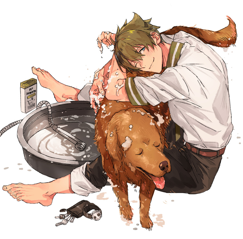 1boy, absurdres, barefoot, basin, belt, black_pants, blonde_hair, blue_eyes