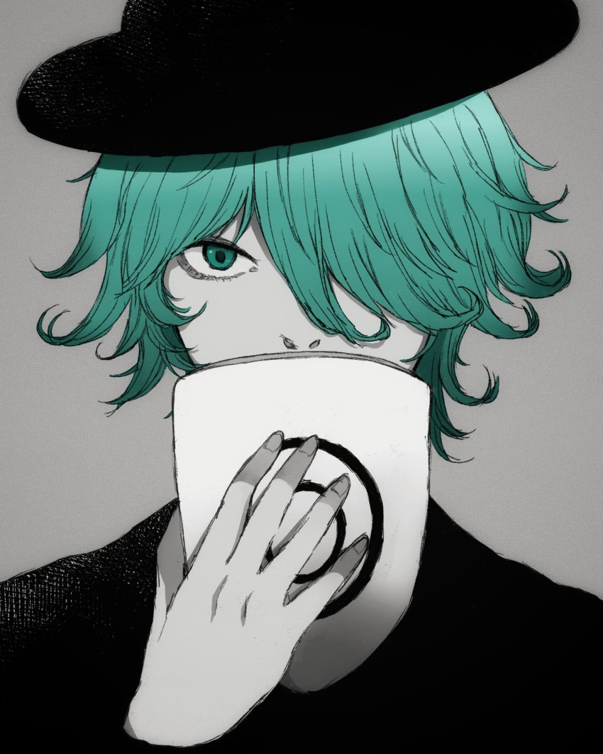 1boy, aqua_eyes, aqua_hair, black_hat, colored_skin, covering_own_mouth, dramaturgy_(eve), eve_(musician)