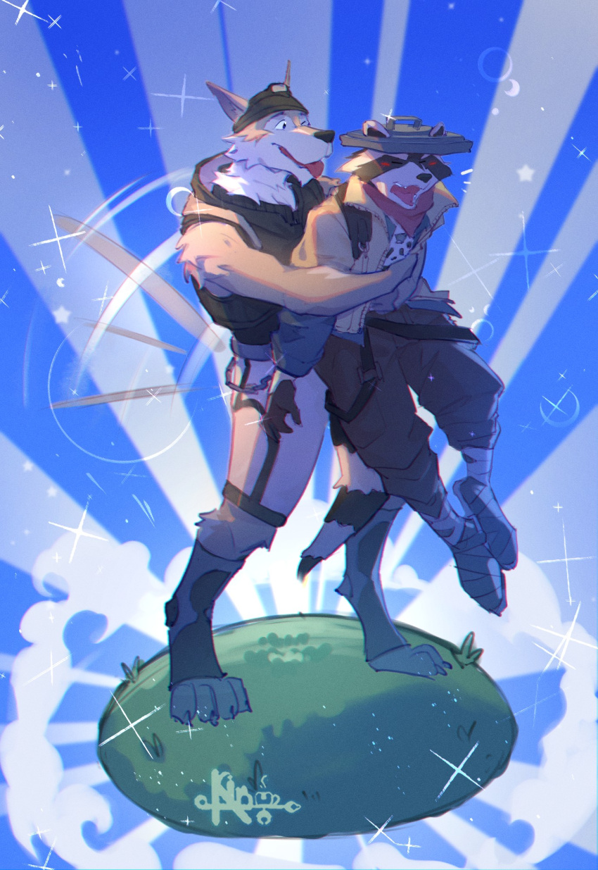 2boys, animal_ears, annoyed, blush, claws, closed_eyes, digitigrade, english_commentary, fortnite, furry, furry_male, highres, hug, hug_from_behind, kinutaoo, looking_at_another, male_focus, multiple_boys, one_eye_closed, open_mouth, raccoon_boy, raccoon_ears, raccoon_tail, rufus_(fortnite), tail, tail_wagging, tongue, tongue_out, trashcan_lid, wendell_(fortnite), wolf_boy, wolf_ears, wolf_tail