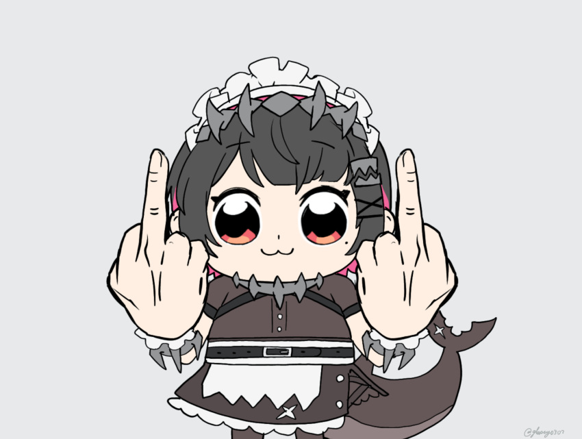 1girl, :3, bkub_(style), black_dress, black_hair, chibi, collar, dress, ellen_joe, feet_out_of_frame, fins, fish_tail, glassy0302, grey_background, highres, looking_at_viewer, maid, maid_headdress, middle_finger, moechakkafire, poptepipic, red_eyes, shark_girl, shark_tail, solo, spiked_collar, spikes, tail, zenless_zone_zero