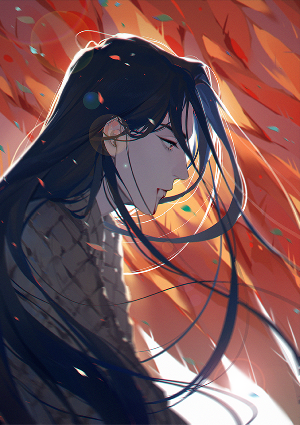 1boy, black_hair, blood, blood_from_mouth, blood_on_face, closed_mouth, confetti, from_side, half-closed_eyes, lie_huo_jiao_chou, long_hair, looking_down, male_focus, nosebleed, profile, reloon, sheng_lingyuan, solo, upper_body, very_long_hair