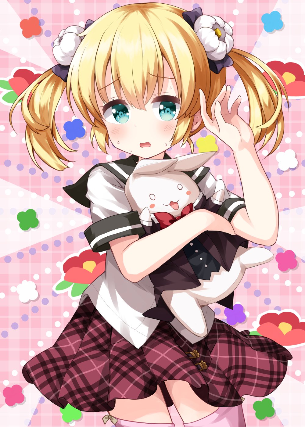 1girl, :3, anne_happy, black_sailor_collar, blonde_hair, blush, commentary_request, cowboy_shot