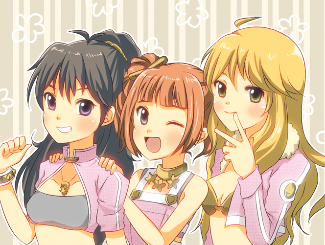 black_hair, blonde_hair, blue_eyes, cool_&amp;_sexy_(idolmaster), dk, ganaha_hibiki, green_eyes, grin