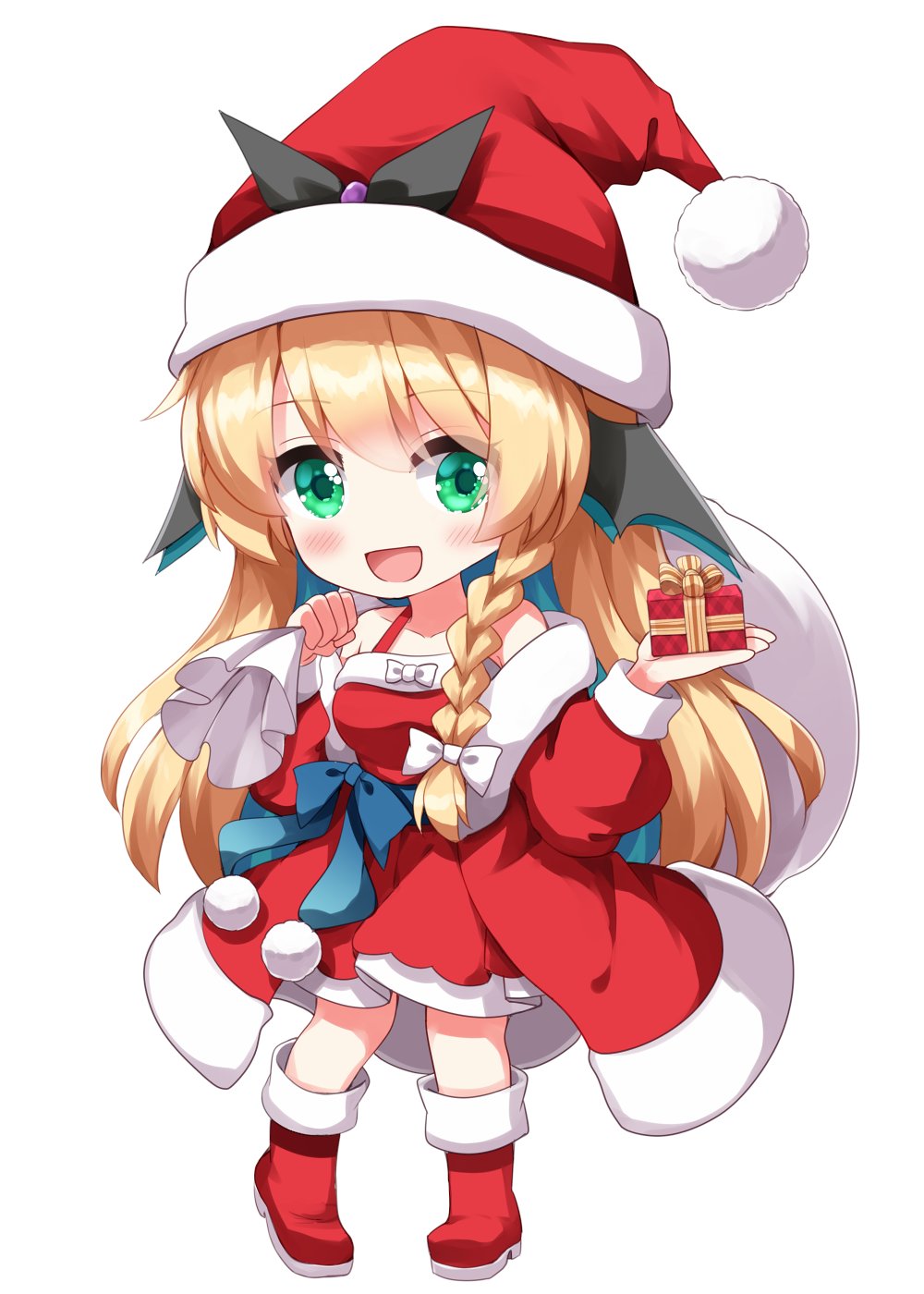1girl, :d, bare_shoulders, blonde_hair, blue_sash, blush, boots, bow, box, braid, chibi, chibi_only, coat, collarbone, commentary_request, dress, full_body, gift, gift_box, green_eyes, hair_bow, hands_up, hat, highres, holding, holding_box, indie_virtual_youtuber, long_hair, long_sleeves, looking_at_viewer, midorima_caroline, open_clothes, open_coat, open_mouth, pom_pom_(clothes), red_boots, red_coat, red_dress, ruu_(tksymkw), sack, santa_costume, santa_dress, santa_hat, sash, simple_background, single_braid, smile, solo, standing, white_background, white_bow