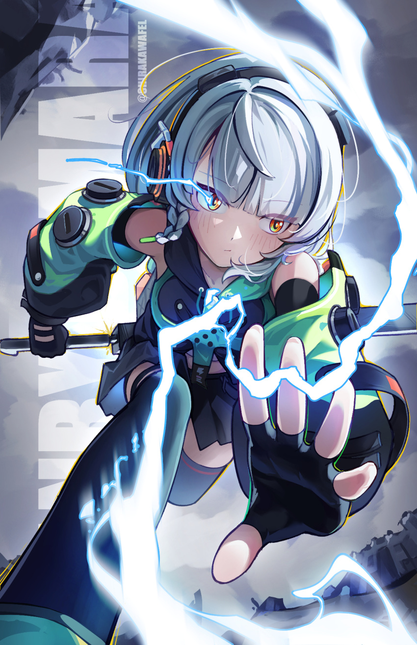 1girl, anby_demara, black_skirt, black_thighhighs, character_name, crop_top, detached_sleeves, dynamic_pose