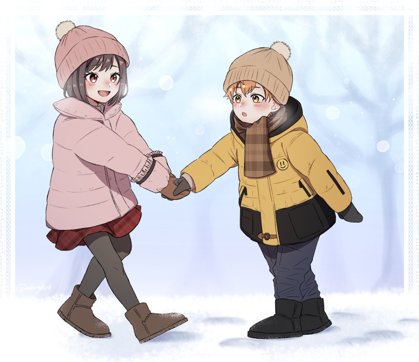 1boy, 1girl, :d, :o, aged_down, arm_at_side, black_boots, black_coat