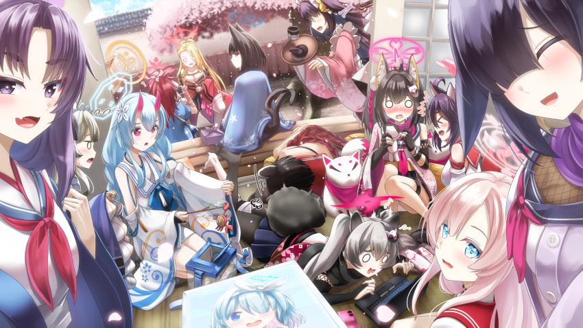 6+girls, absurdres, animal_ear_fluff, animal_ears, arona_(blue_archive), black_hair, black_scarf, blonde_hair