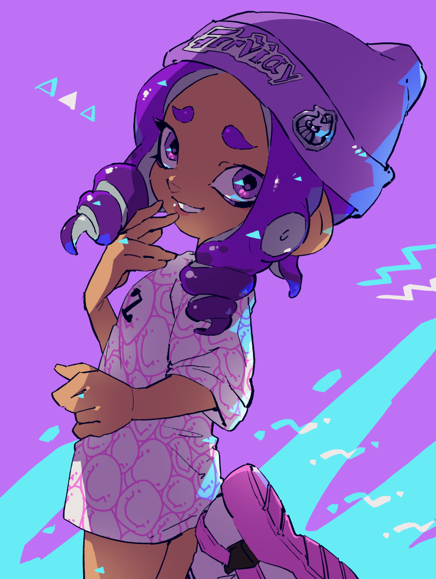 1girl, absurdres, beanie, booro_(169b), drill_hair, furrowed_brow, grin, hand_to_own_mouth