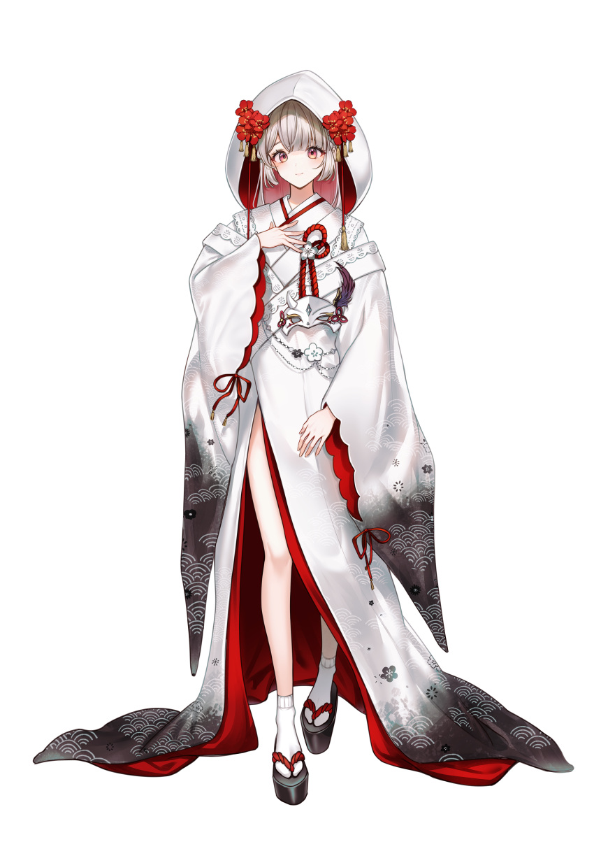 1girl, absurdres, alternate_costume, amamiya_mirei, colored_inner_hair, eye_mask, flower, hair_flower, hair_ornament, highres, hood, horned_mask, japanese_clothes, kimono, lium, long_hair, long_sleeves, looking_at_viewer, mask, multicolored_hair, okobo, pink_eyes, platform_sandals, sandals, smile, socks, solo, solo_leveling, solo_leveling:_arise, standing, thighs, white_kimono, white_socks, wide_sleeves