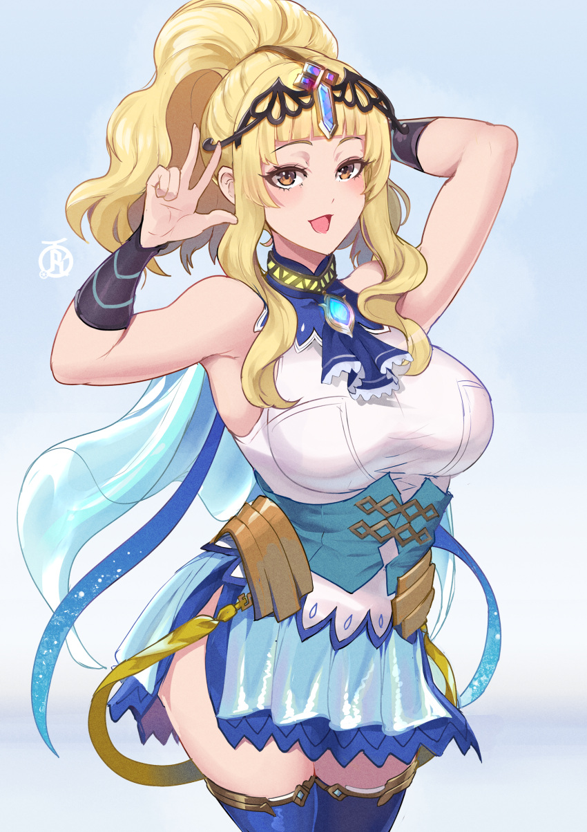 1girl, :d, absurdres, armband, arms_up, ass, blonde_hair, blue_thighhighs