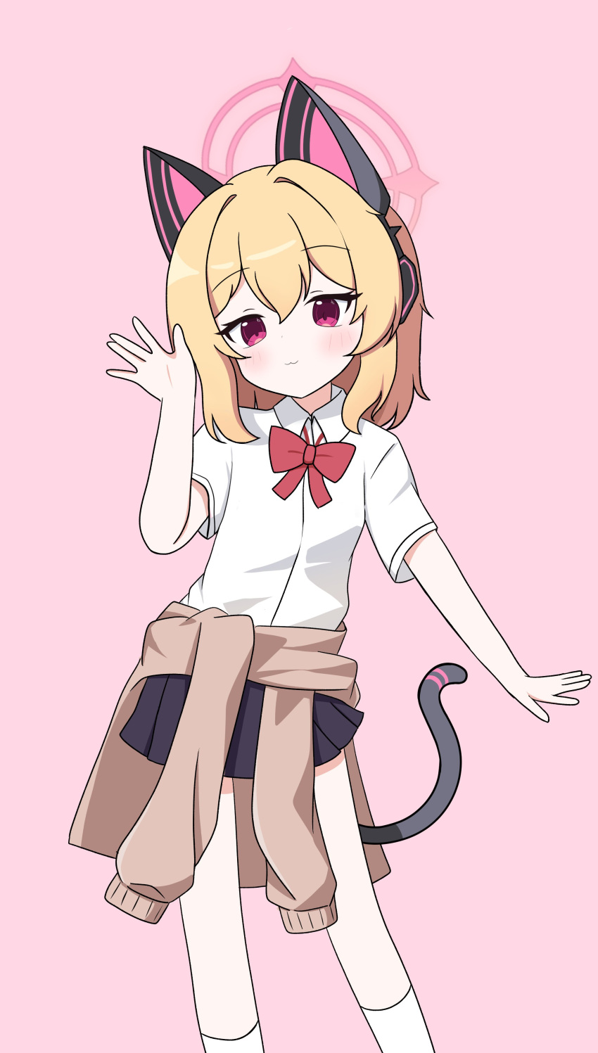 1girl, absurdres, animal_ear_headphones, animal_ears, black_skirt, blonde_hair, blue_archive, bow