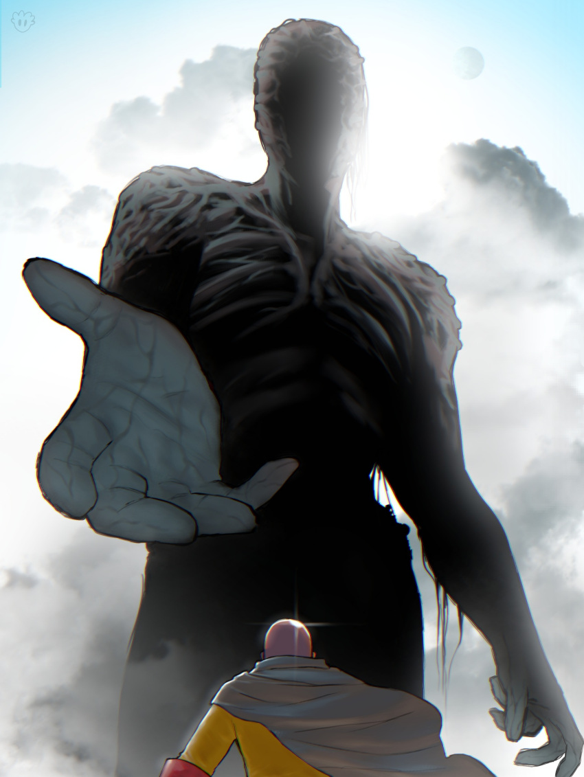 1boy, 1other, absurdres, backlighting, bald, blue_sky, clouds, devovas