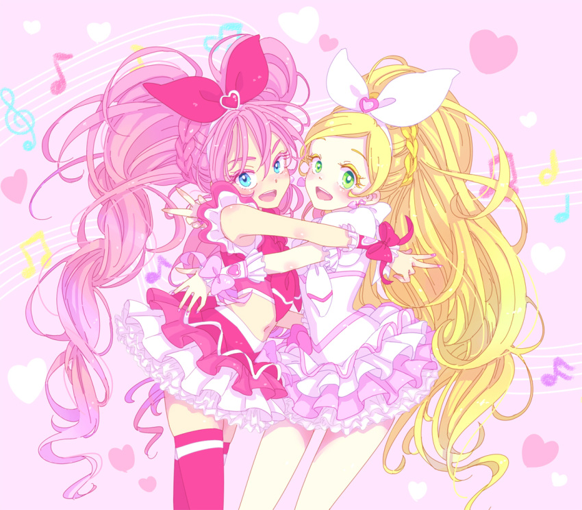 blonde_hair, blue_hair, cure_melody, cure_rhythm, green_eyes, houjou_hibiki, magical_girl, minamino_kanade
