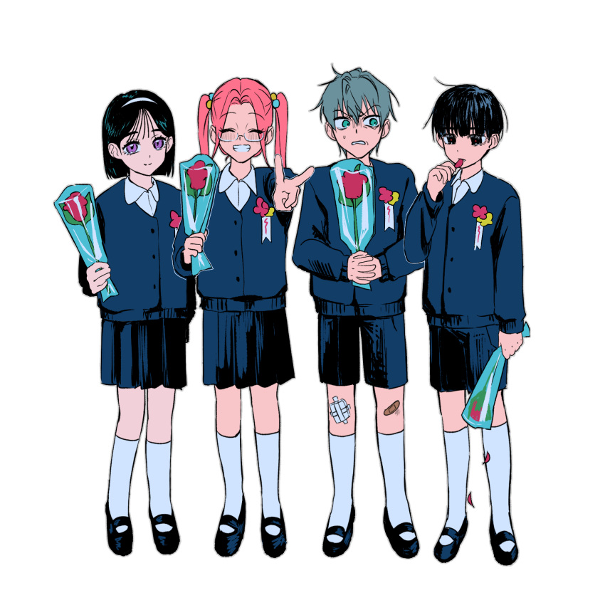 2boys, 2girls, aged_down, alien_stage, bandaid, bandaid_on_knee, bandaid_on_leg, black_eyes