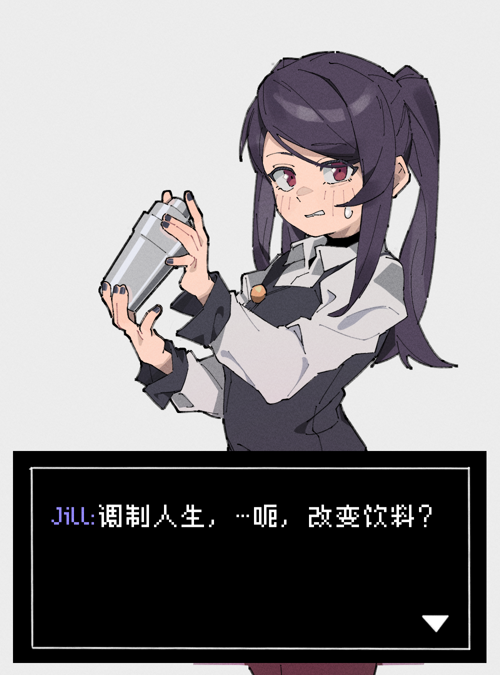 1girl, black_dress, black_nails, blush, cocktail_shaker, commentary_request, dress, eflo_(794753336)