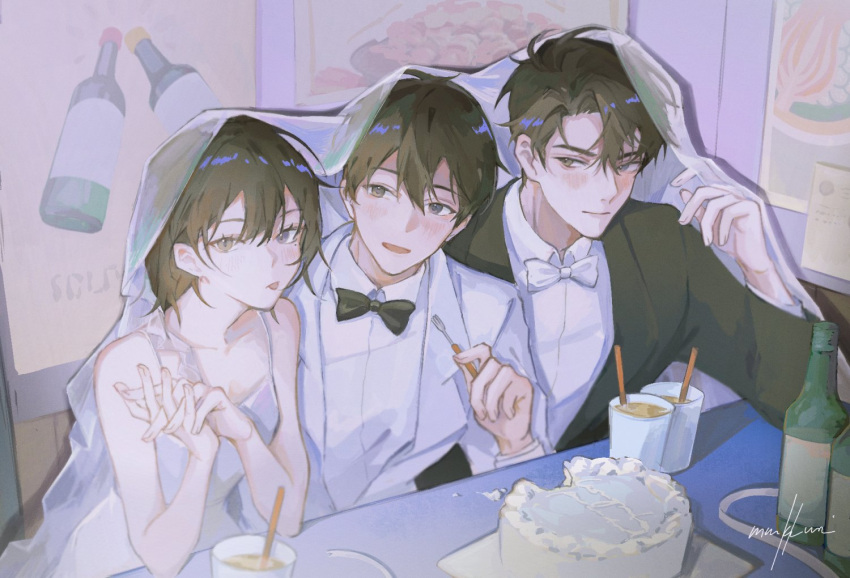 1girl, 2boys, black_bow, black_bowtie, black_eyes, black_hair, black_jacket, blazer