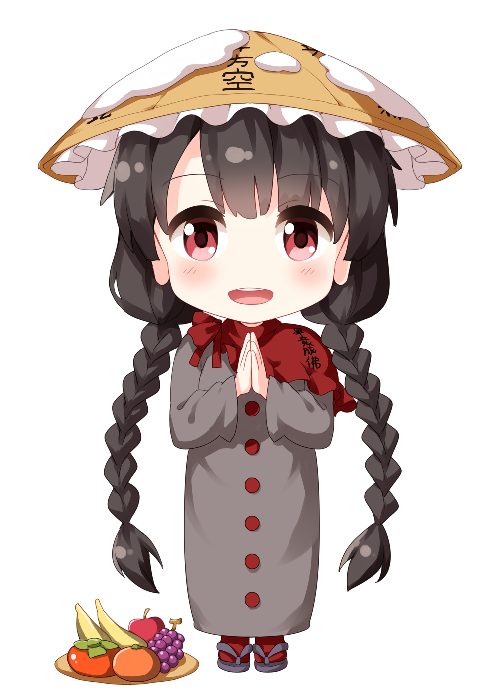 1girl, :d, apple, banana, black_hair, blue_sandals, blush, braid