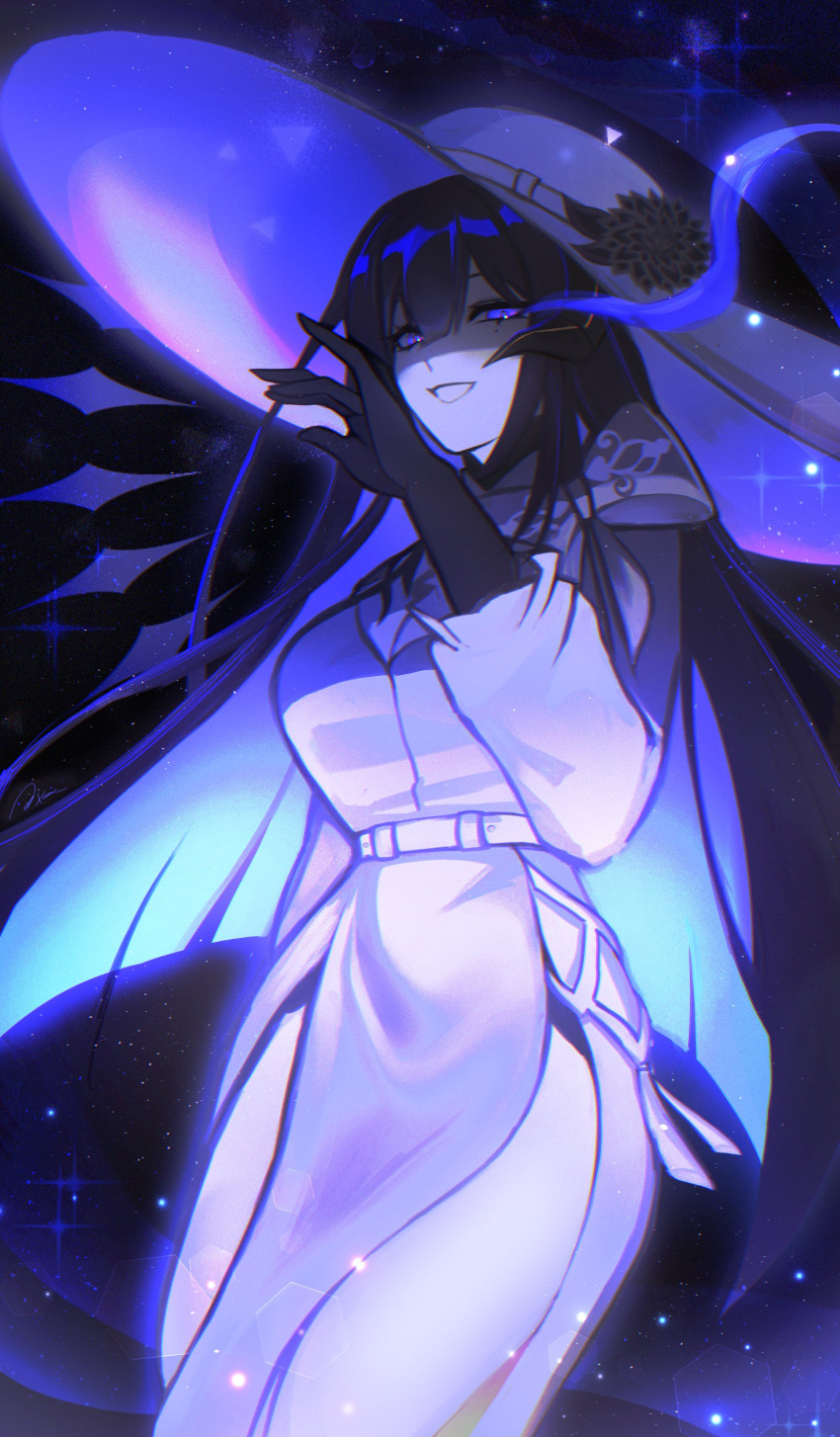 1girl, absurdres, albedo_(xieow), black_gloves, black_hair, commentary, constance_(honkai:_star_rail), dress