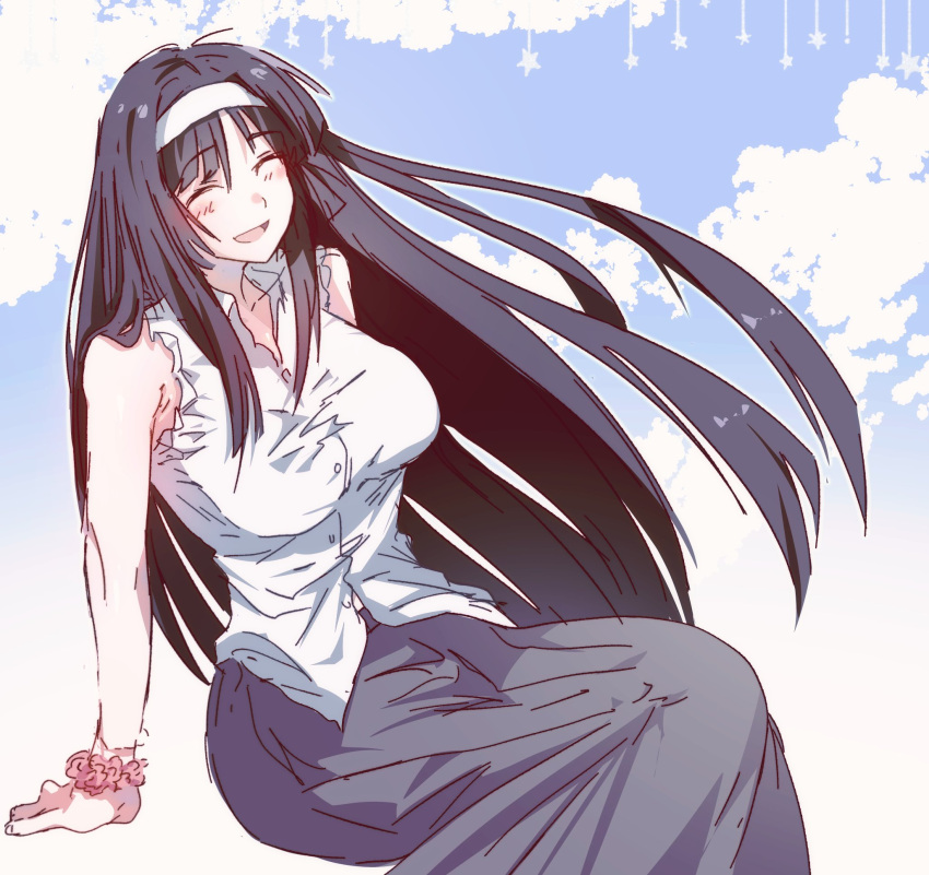 1girl, alternate_costume, black_hair, blunt_bangs, blush, breasts, closed_eyes, headband, highres, hime_cut, kaguya_jingu, long_hair, long_skirt, open_mouth, scrunchie, shirt, skirt, sleeveless, sleeveless_shirt, smile, solo, sora_(zombiebathwater), under_night_in-birth, under_night_in-birth_2_sys:celes, very_long_hair, white_headband, white_shirt, wrist_scrunchie