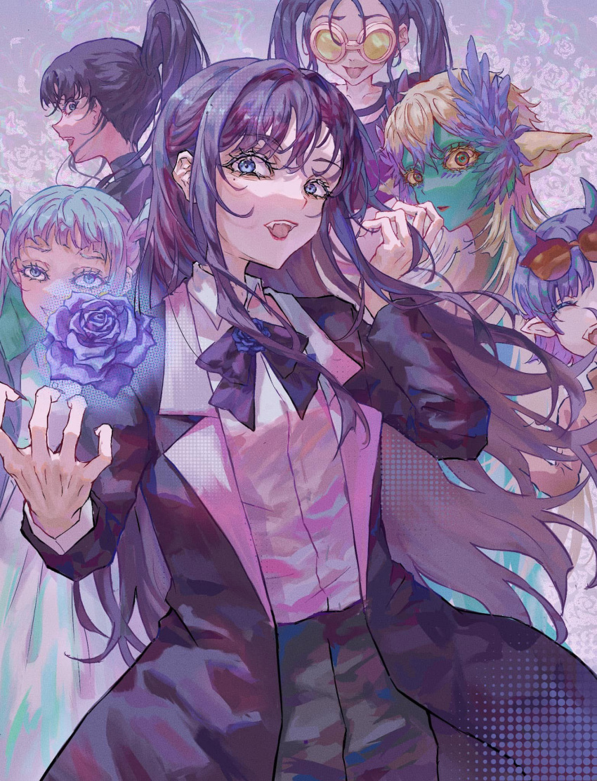 6+girls, 832_krab, ^_^, ado_(utaite), aqua_skin, ashura-chan, ashura-chan_(character), black_coat