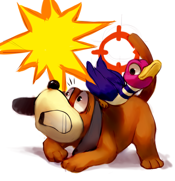 2others, animal_ears, beak, bird, blue_feathers, brown_fur, dog, dog_(duck_hunt)