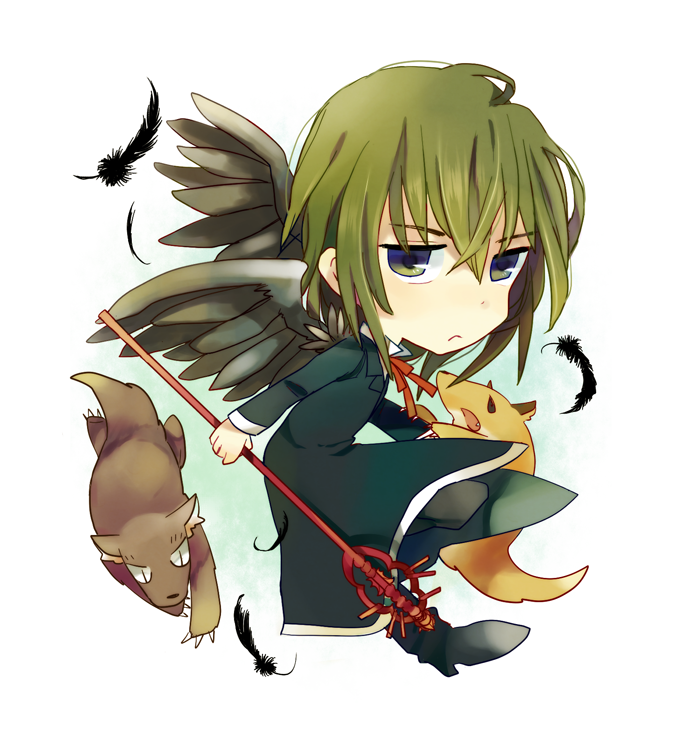 1girl, 2boys, alternate_hair_color, black_coat, black_eyes, black_feathers, black_wings, claws