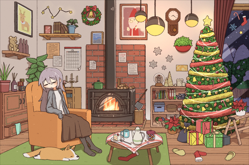 1girl, absurdres, analog_clock, animal, armchair, axe, box, cake